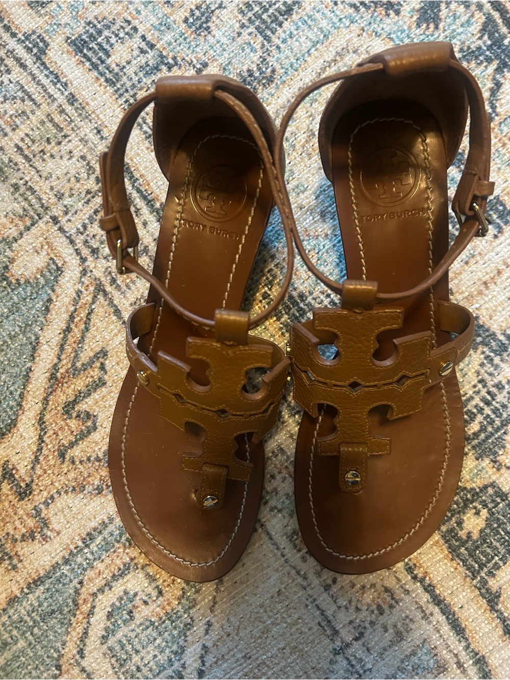 Tory Burch Tan Leather Logo Thong Sandals